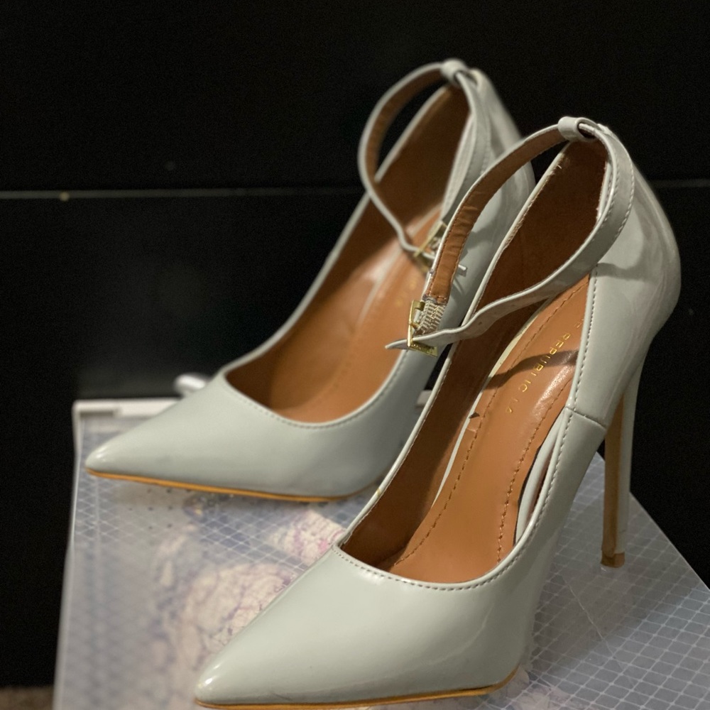 Grey Heels with Ankle strap. Size 8